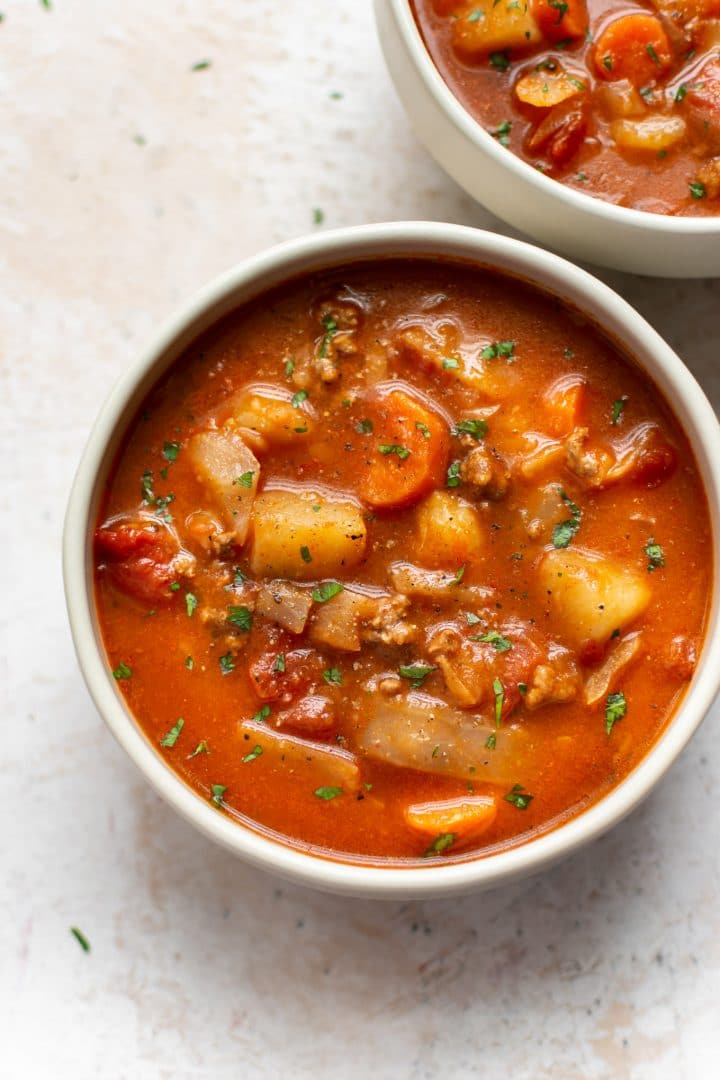 Instant Pot cabbage soup in two bowls