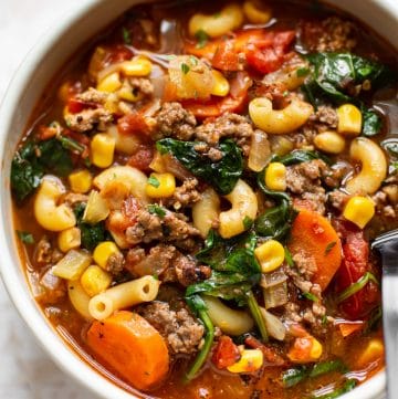close-up of hamburger macaroni soup