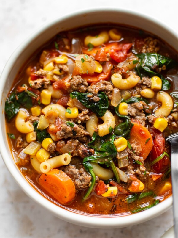 close-up of hamburger macaroni soup