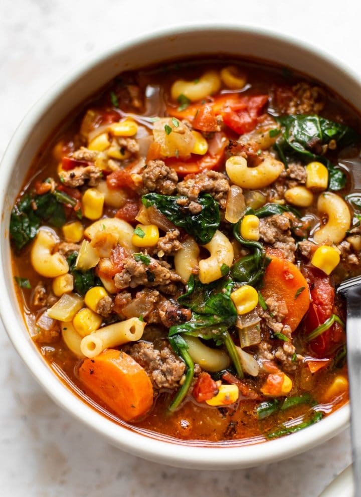 close-up of hamburger macaroni soup