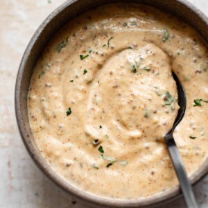 Louisiana remoulade sauce in a bowl with a spoon