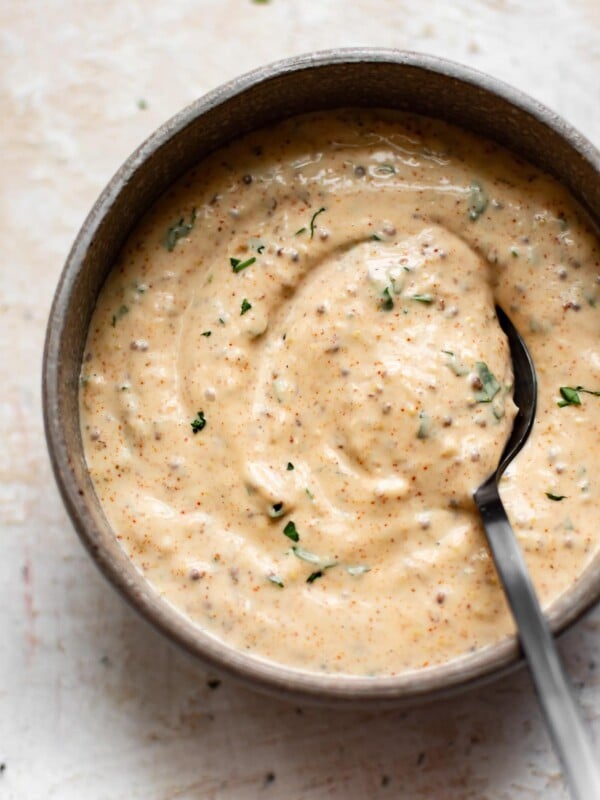 Louisiana remoulade sauce in a bowl with a spoon