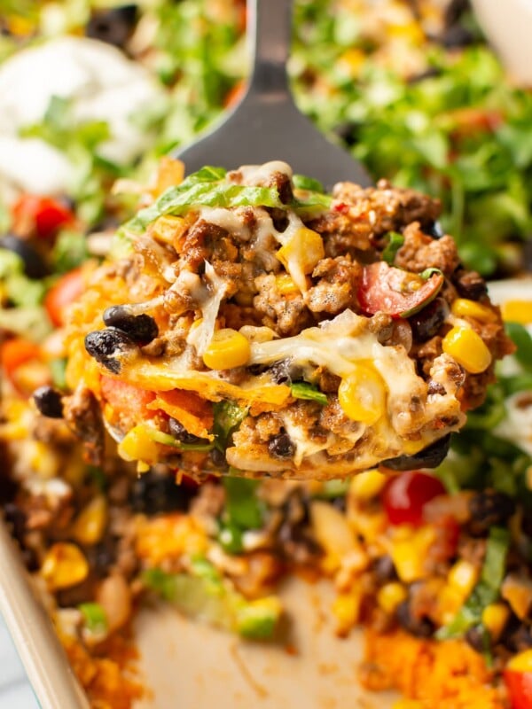 close-up of taco casserole on a metal spatula