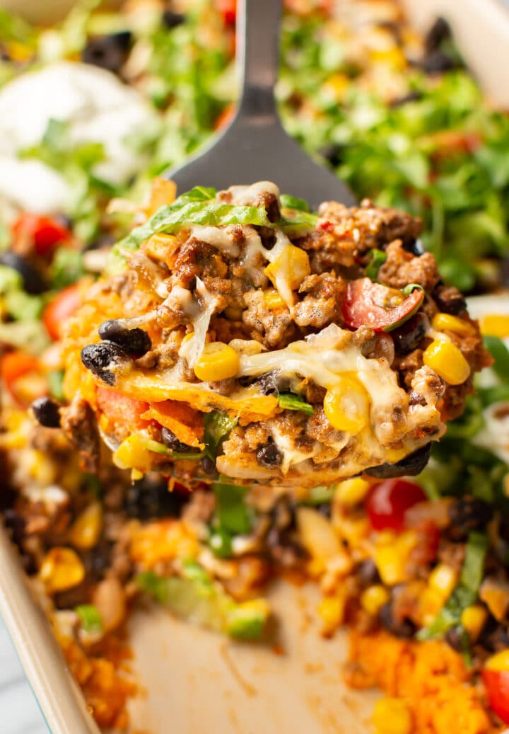 close-up of taco casserole on a metal spatula