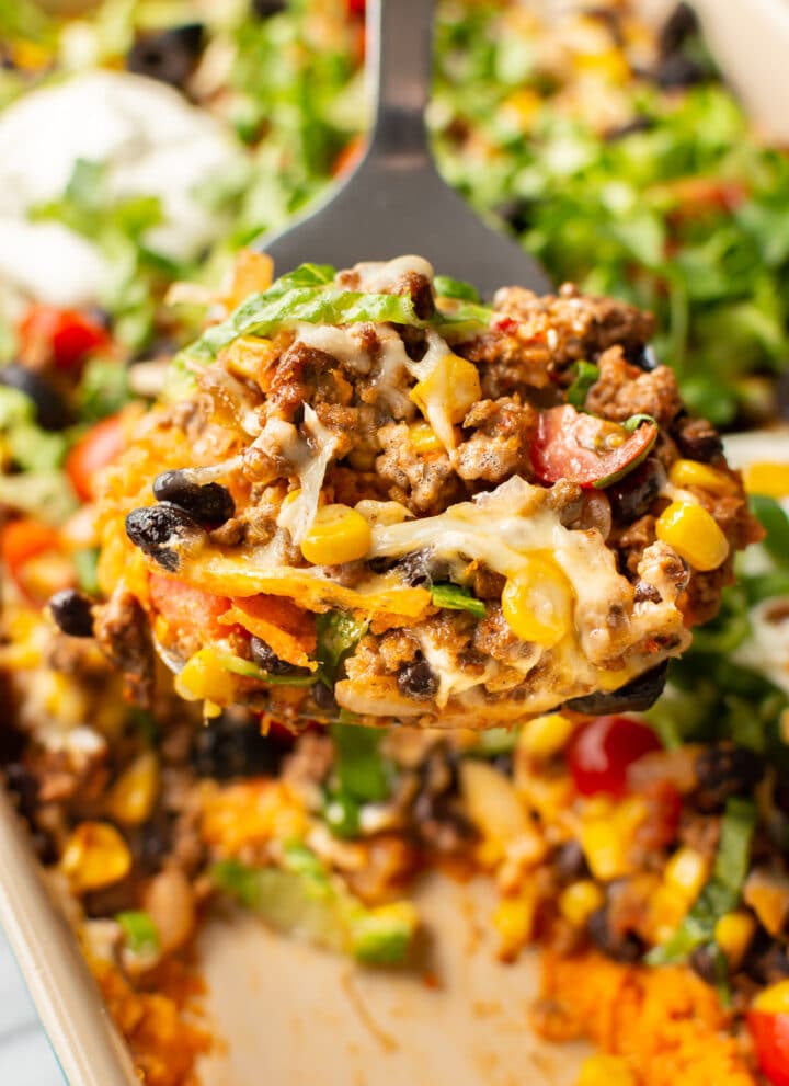 close-up of taco casserole on a metal spatula