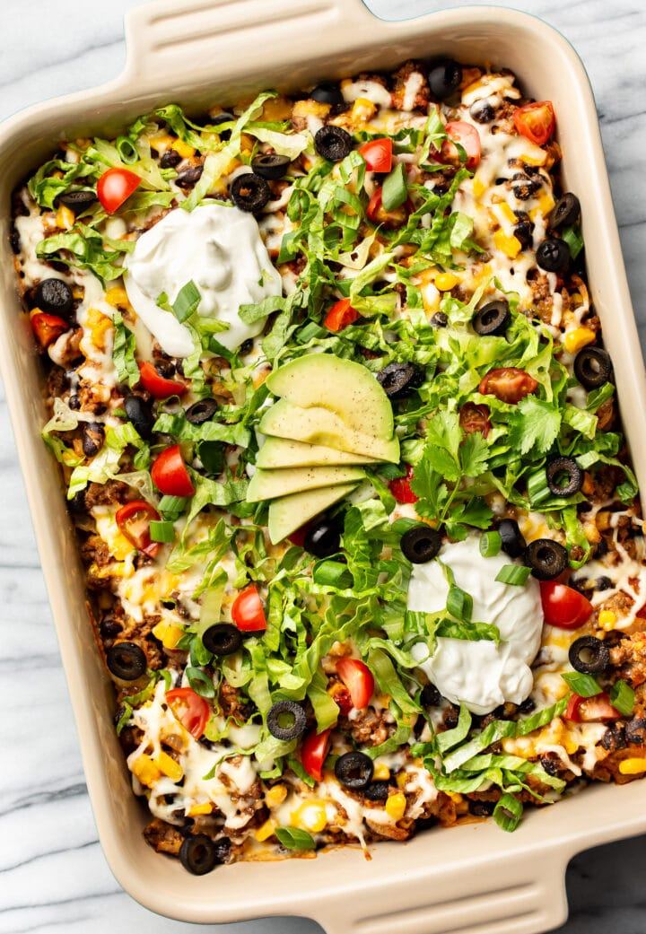 a baking dish with taco casserole