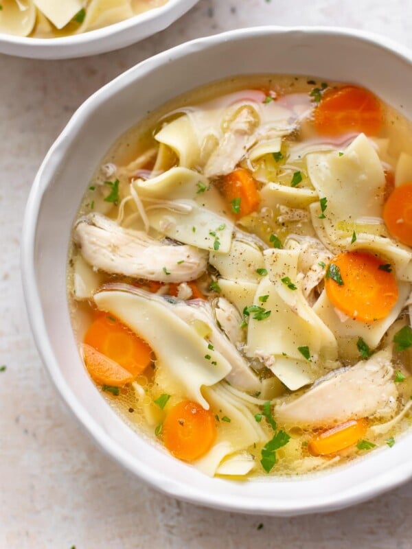 close-up of the BEST Crockpot chicken noodle soup