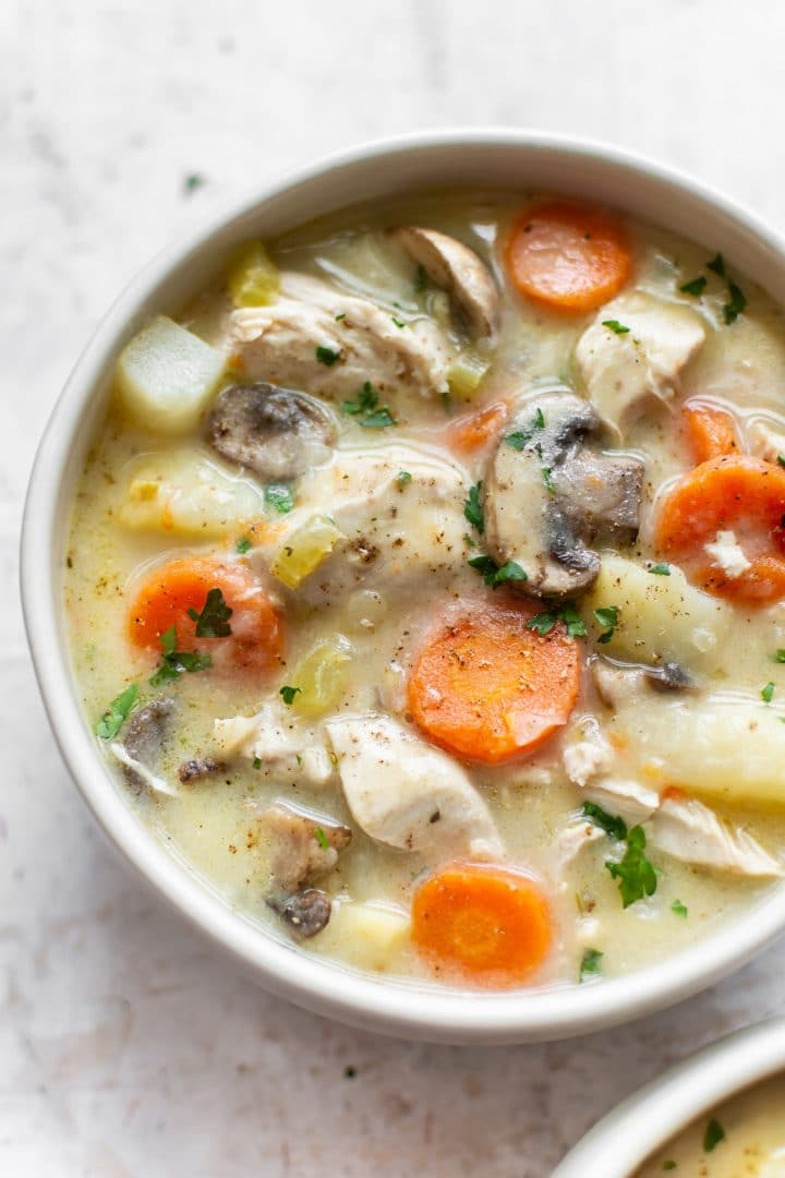 easy chicken stew in two white bowls
