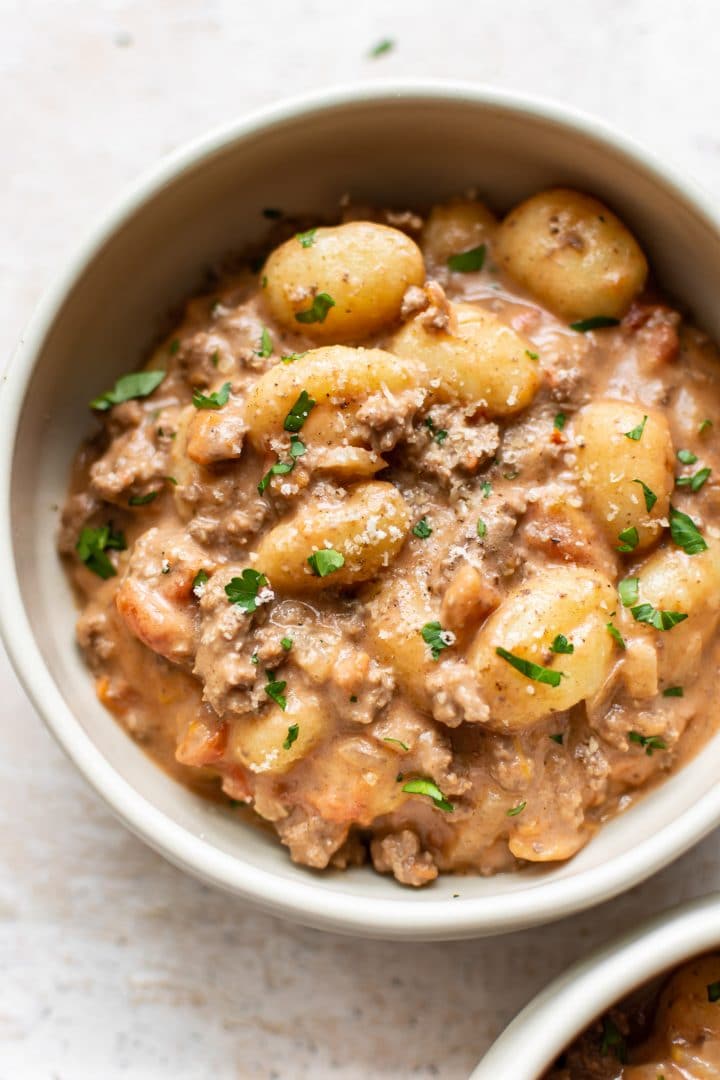 close-up of ground beef gnocchi