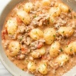 a bowl with ground beef gnocchi