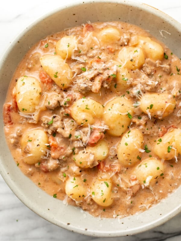 a bowl with ground beef gnocchi