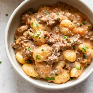 ground beef gnocchi in two bowls
