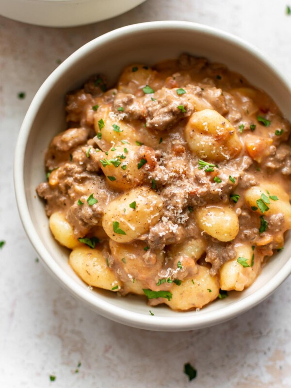 ground beef gnocchi in two bowls