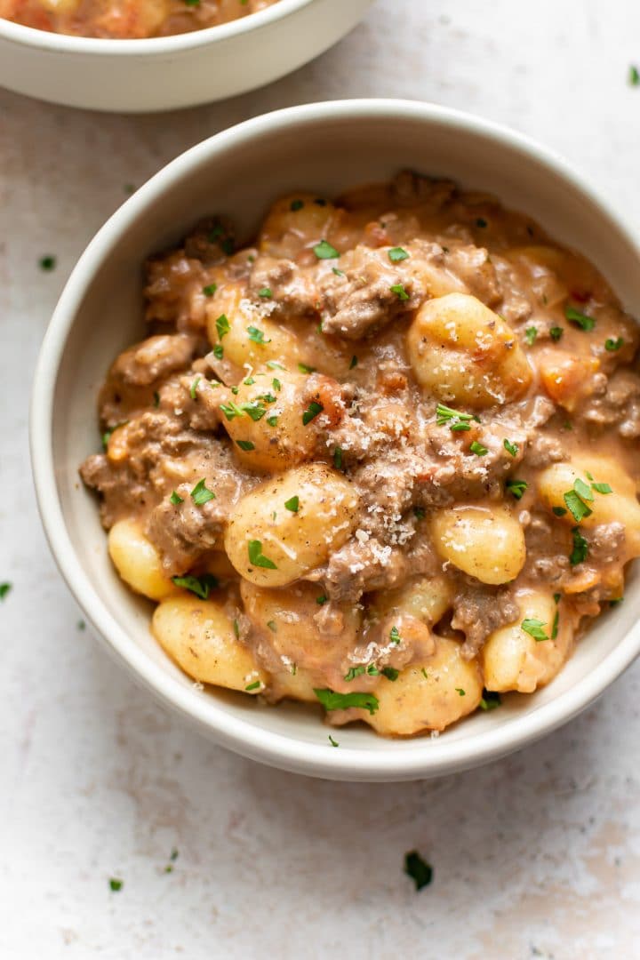 ground beef gnocchi in two bowls