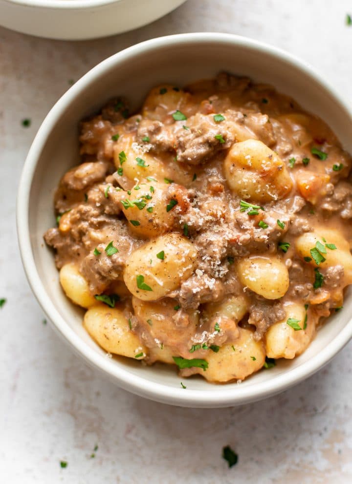 ground beef gnocchi in two bowls