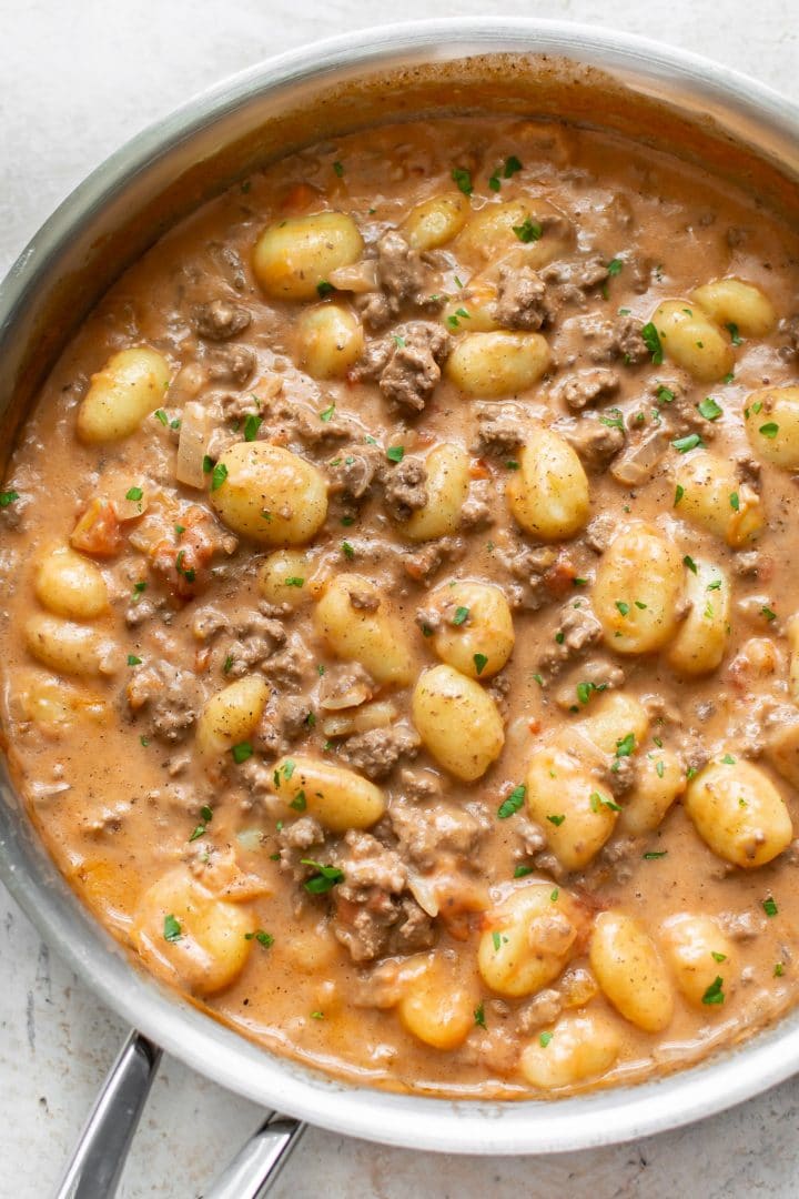 hamburger gnocchi in a skillet