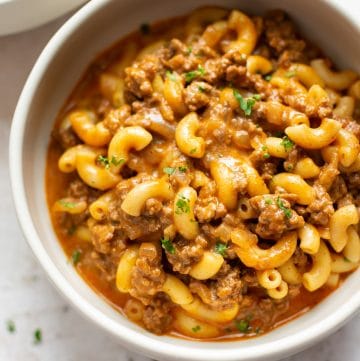 close-up of homemade Hamburger Helper in a bowl