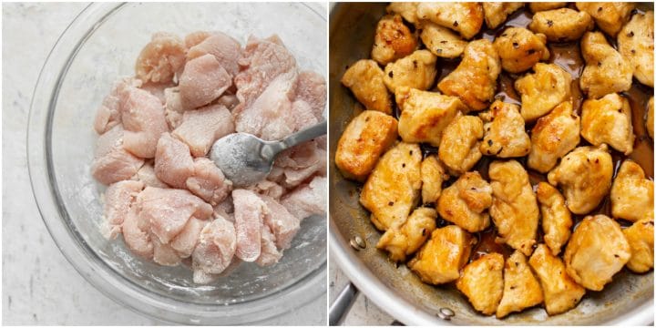honey chicken collage (raw chicken coated in cornstarch and finished recipe in the skillet)