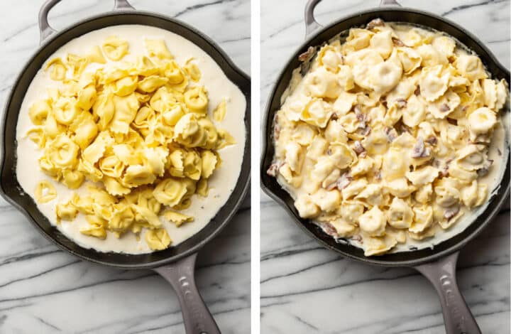 tossing tortellini with creamy alfredo sauce in a skillet