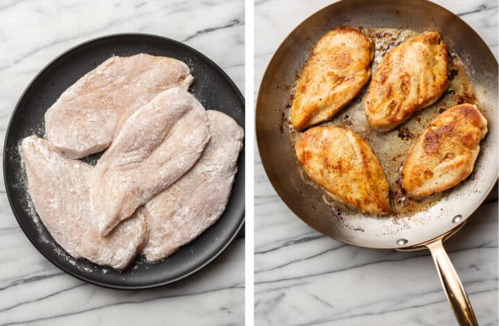 coating chicken in flour and pan frying in a skillet