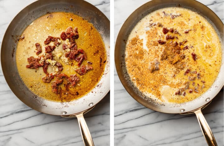 making a creamy sauce with sundried tomatoes in a skillet for cajun chicken