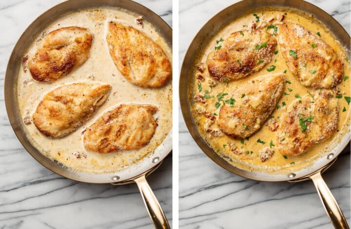 returning chicken to a skillet and cooking through