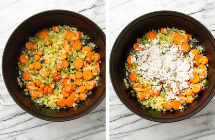 sauteing celery, carrots, and onion in a soup pot for chicken stew