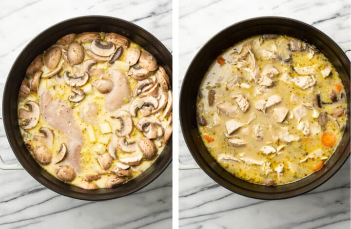 adding chicken and mushrooms to a pot for chicken stew