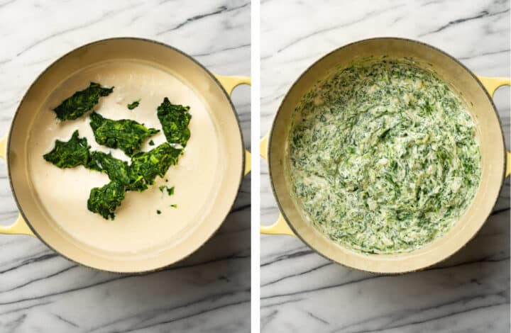 adding spinach to a pot for creamed spinach