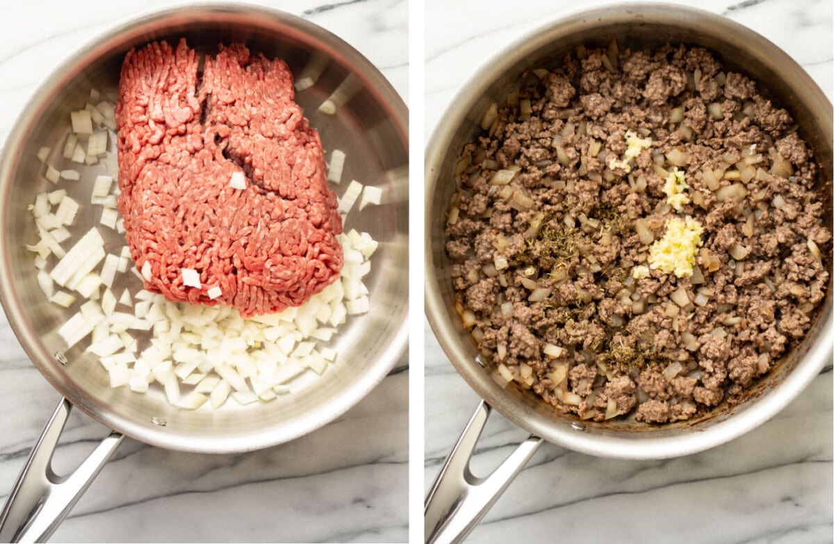 cooking ground beef and onions in a pan and adding garlic and seasoning