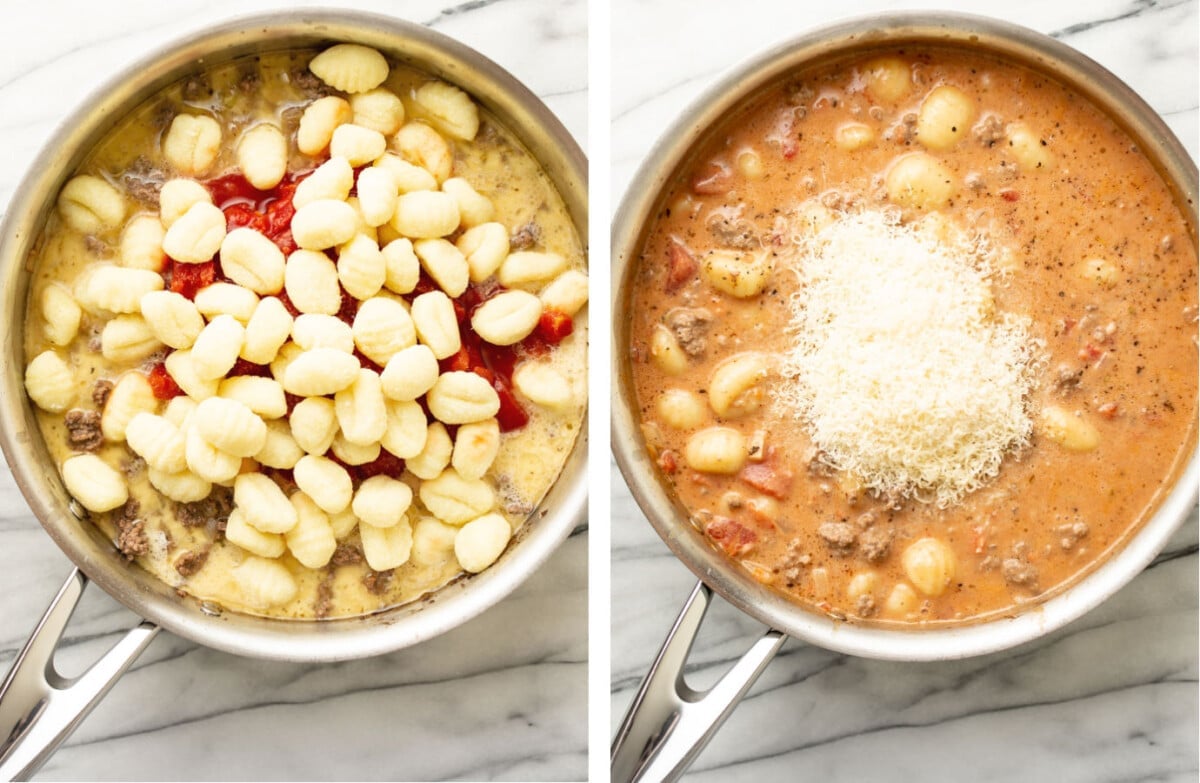 adding gnocchi and tomatoes and parmesan to a pan of ground beef gnocchi