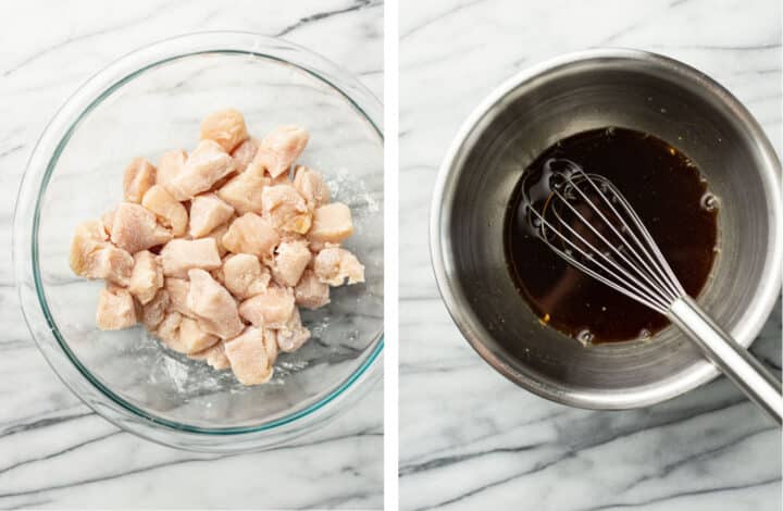 coating chicken in cornstarch and whisking sauce in a prep bowl for honey chicken