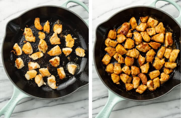 pan frying honey chicken in a skillet in two batches