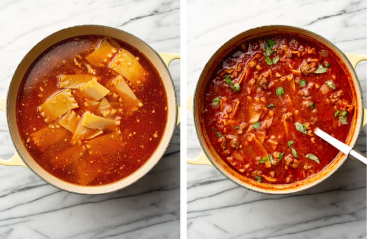 adding pasta and basil to lasagna soup