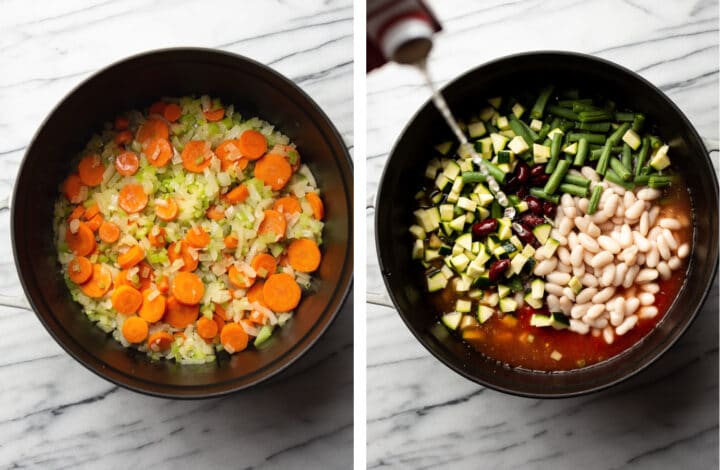 sauteing aromatics for in a soup pot and adding broth for minestrone soup