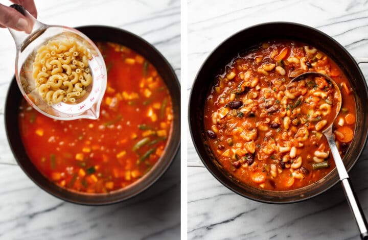 adding in macaroni into minestrone soup and simmering