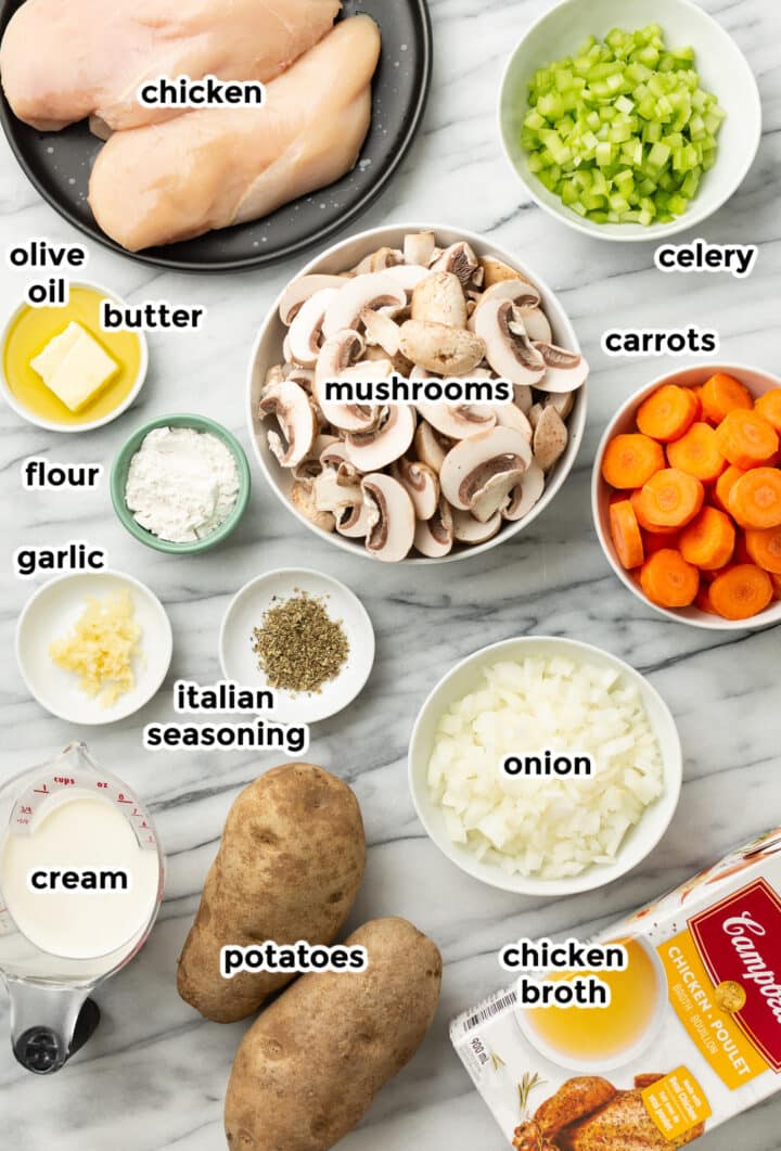 ingredients for chicken stew in prep bowls on a counter top