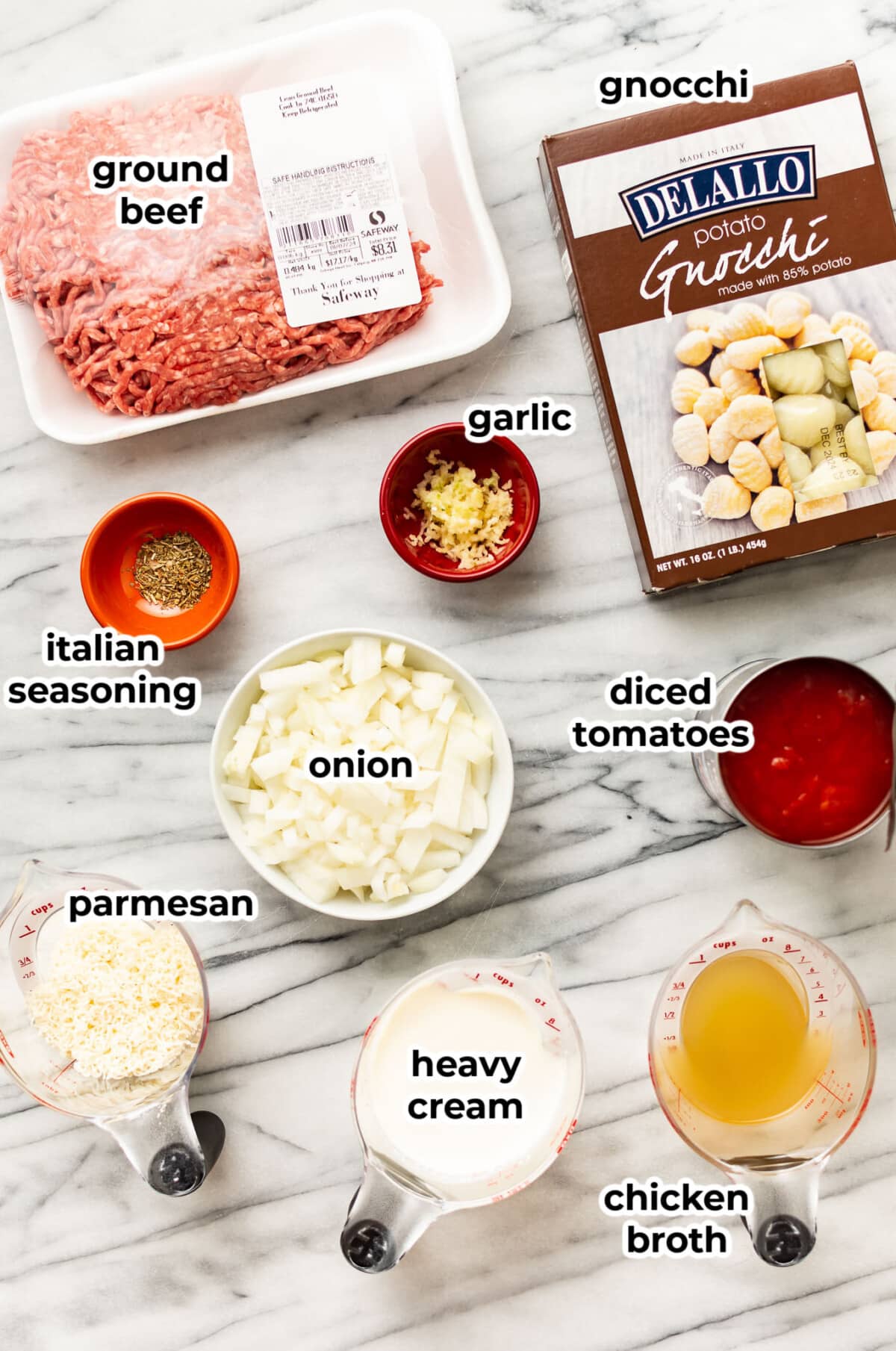 ingredients for ground beef gnocchi in prep bowls