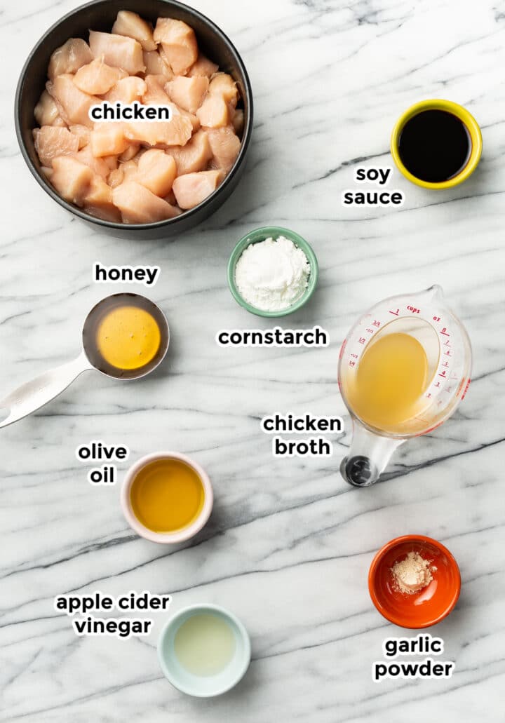 ingredients for honey chicken in prep bowls