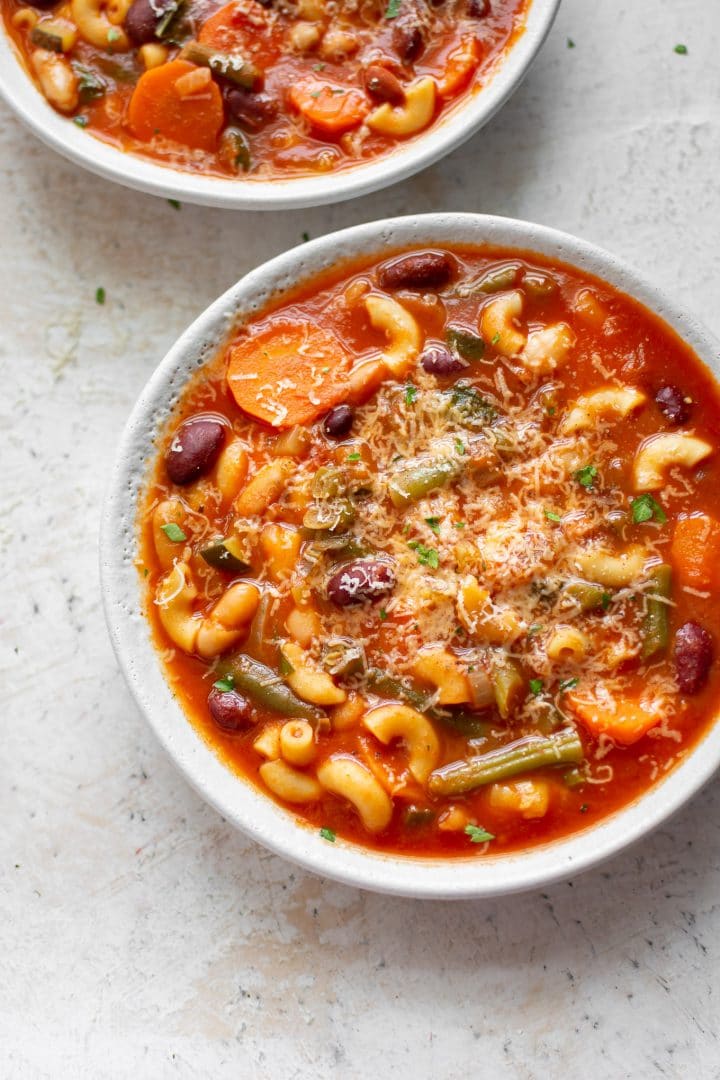 electric pressure cooker minestrone soup in two bowls