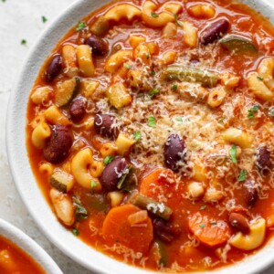 easy Instant Pot minestrone soup in two white bowls