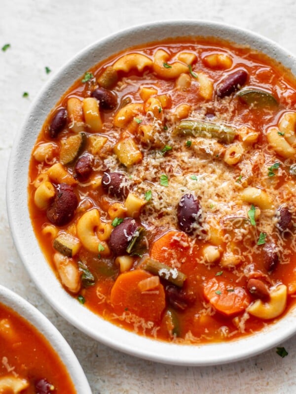 easy Instant Pot minestrone soup in two white bowls