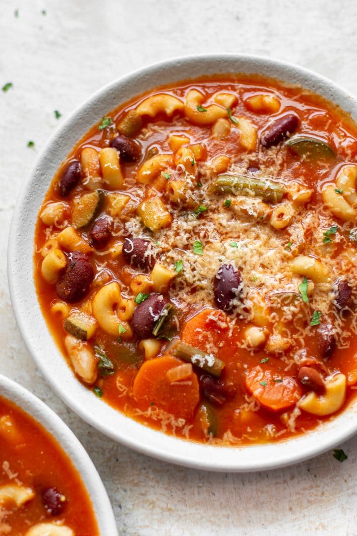 easy Instant Pot minestrone soup in two white bowls