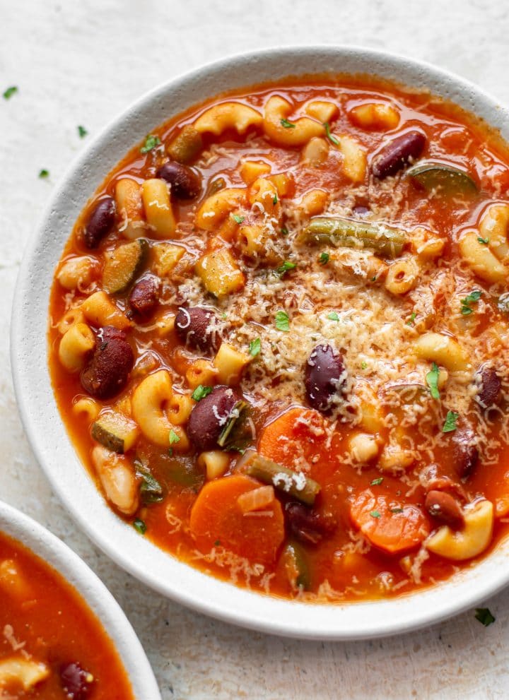 easy Instant Pot minestrone soup in two white bowls