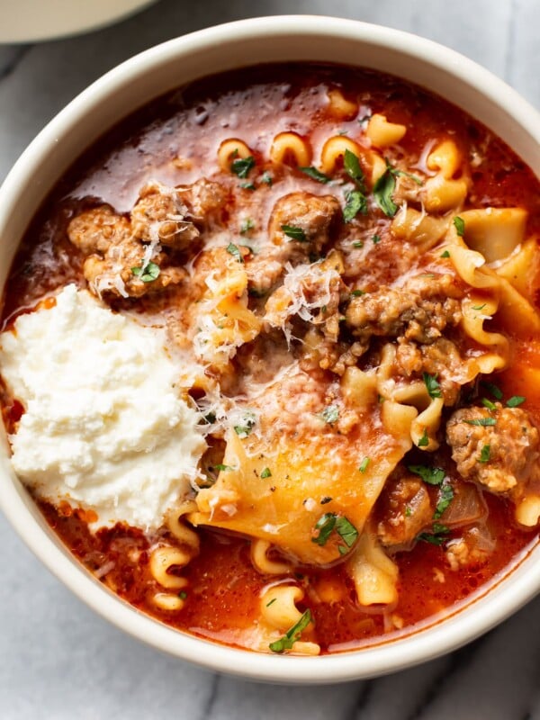 close-up of the best lasagna soup