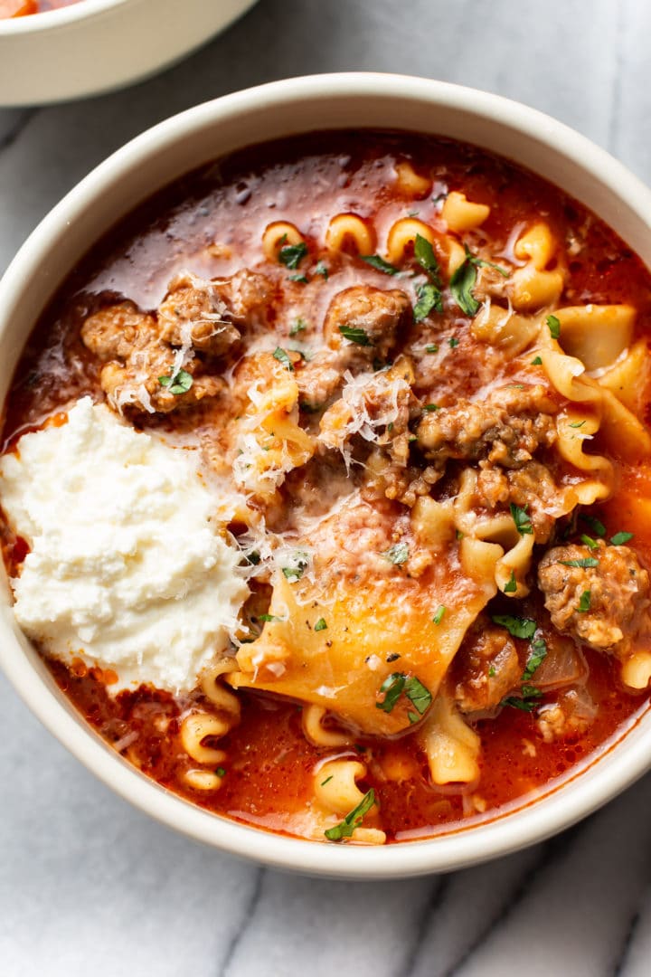 close-up of the best lasagna soup