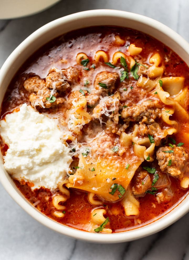 close-up of the best lasagna soup