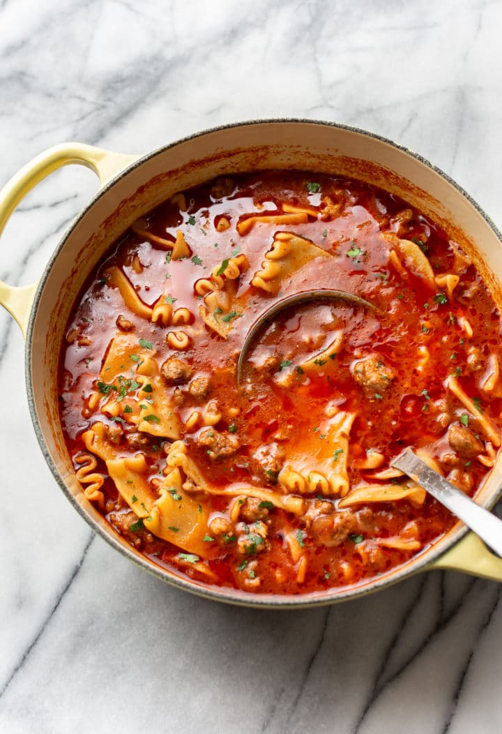 lasagna soup in a yellow pot