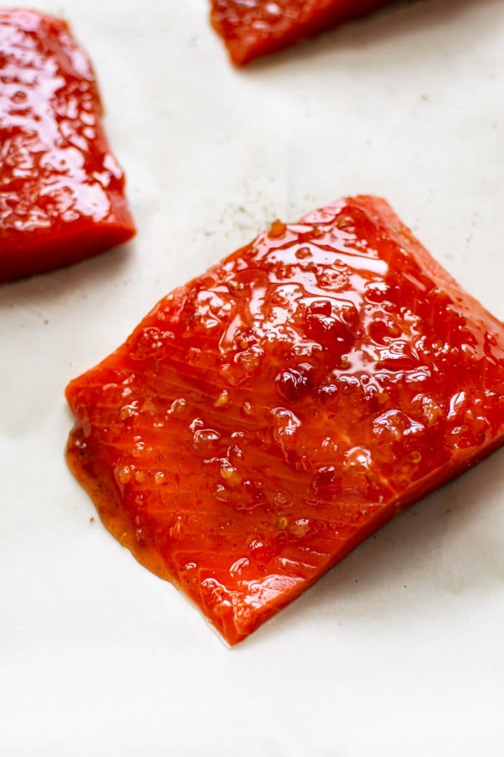 Thai sweet chili salmon ready to go in the oven!