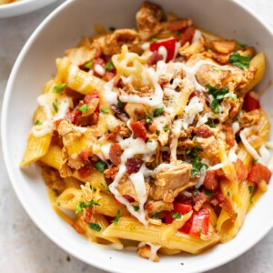 BBQ chicken pasta sauce over penne (in bowls)